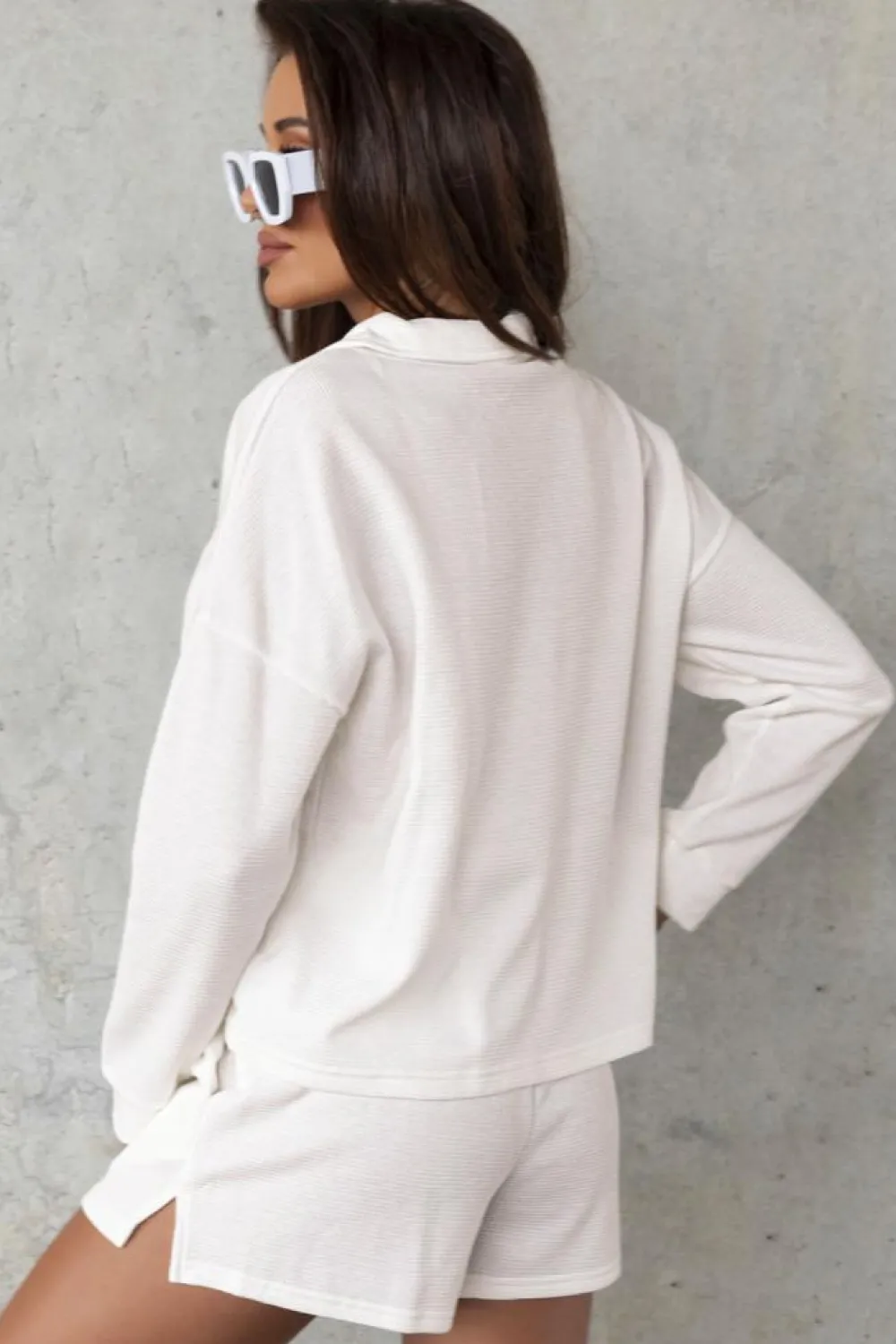 Hot Dear-Lover Ribbed Zipper Sweatshirt and High Waist Shorts Set White