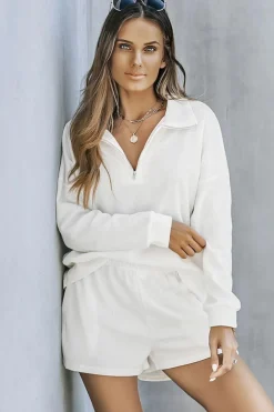 Hot Dear-Lover Ribbed Zipper Sweatshirt and High Waist Shorts Set White