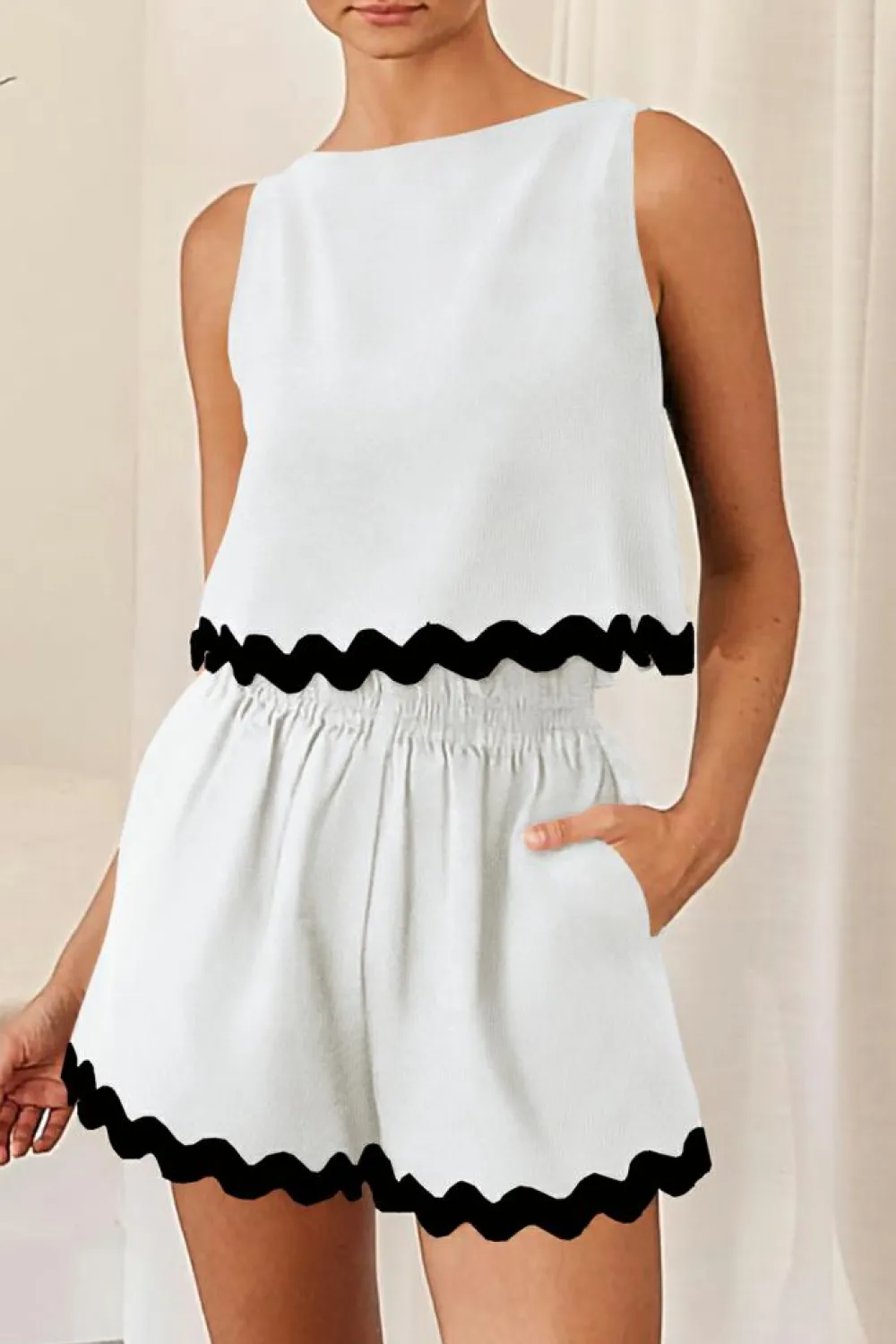 Hot Dear-Lover Ricrac Trim Tank Top Elastic Waist Shorts Set White