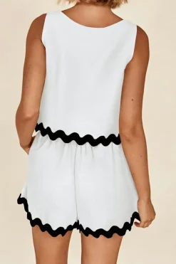 Hot Dear-Lover Ricrac Trim Tank Top Elastic Waist Shorts Set White