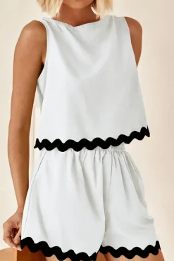 Hot Dear-Lover Ricrac Trim Tank Top Elastic Waist Shorts Set White