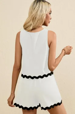 Hot Dear-Lover Ricrac Trim Tank Top Elastic Waist Shorts Set White