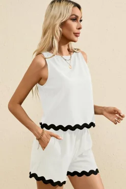 Hot Dear-Lover Ricrac Trim Tank Top Elastic Waist Shorts Set White