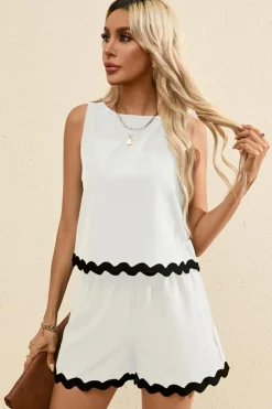 Hot Dear-Lover Ricrac Trim Tank Top Elastic Waist Shorts Set White