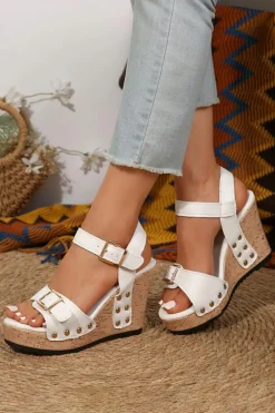 Fashion Dear-Lover Rivet Buckle Closure Wedge Sandals White