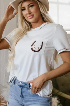 Hot Dear-Lover RODEO Horseshoe Embroidered Patch Pocket T Shirt White