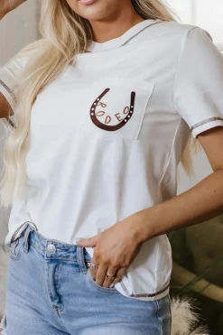 Hot Dear-Lover RODEO Horseshoe Embroidered Patch Pocket T Shirt White