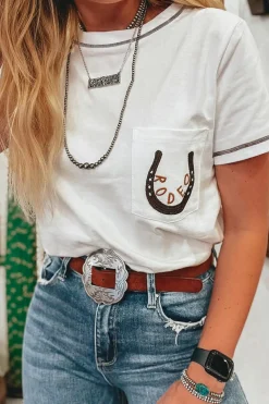 Hot Dear-Lover RODEO Horseshoe Embroidered Patch Pocket T Shirt White