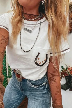 Hot Dear-Lover RODEO Horseshoe Embroidered Patch Pocket T Shirt White