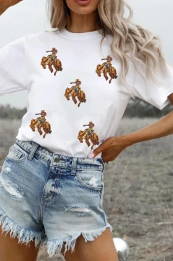 Sale Dear-Lover Rodeo Patched Graphic Casual Round Neck Tee White