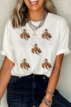 Sale Dear-Lover Rodeo Patched Graphic Casual Round Neck Tee White