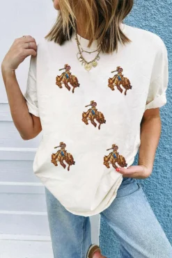 Sale Dear-Lover Rodeo Patched Graphic Casual Round Neck Tee White