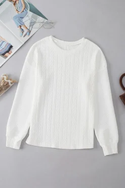 New Dear-Lover Round Neck Drop Shoulder Textured Knit Top White