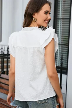 Best Dear-Lover Ruffle Accent Flutter Sleeve Notch Neck Top White