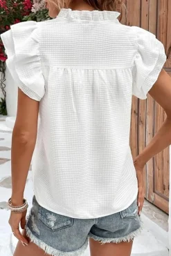 Best Dear-Lover Ruffle Accent Flutter Sleeve Notch Neck Top White