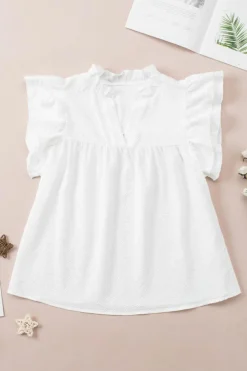 Best Dear-Lover Ruffle Accent Flutter Sleeve Notch Neck Top White