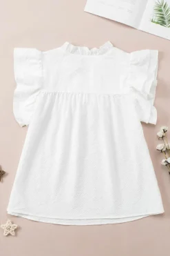 Best Dear-Lover Ruffle Accent Flutter Sleeve Notch Neck Top White