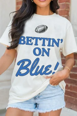 Clearance Dear-Lover Rugby Football BETTIN ON Blue Graphic Crewneck T Shirt White