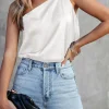 Best Dear-Lover Satin One Shoulder Loose Tank Top White