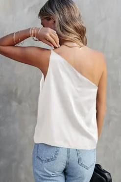 Best Dear-Lover Satin One Shoulder Loose Tank Top White