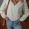 Clearance Dear-Lover Scalloped V Neckline Lace Hollowed Lantern Sleeve Blouse White