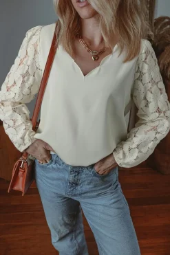 Clearance Dear-Lover Scalloped V Neckline Lace Hollowed Lantern Sleeve Blouse White