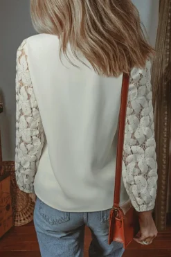 Clearance Dear-Lover Scalloped V Neckline Lace Hollowed Lantern Sleeve Blouse White