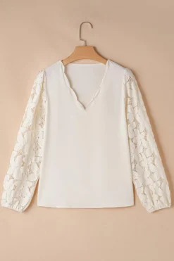 Clearance Dear-Lover Scalloped V Neckline Lace Hollowed Lantern Sleeve Blouse White