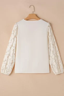Clearance Dear-Lover Scalloped V Neckline Lace Hollowed Lantern Sleeve Blouse White