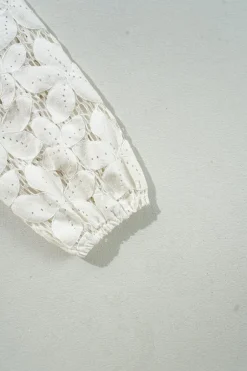 Clearance Dear-Lover Scalloped V Neckline Lace Hollowed Lantern Sleeve Blouse White