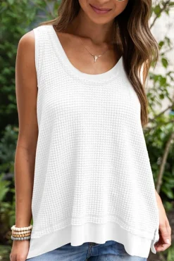 Sale Dear-Lover Scoop Neck Waffle Knit Flowy Vest White