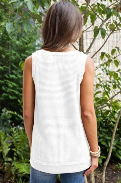 Sale Dear-Lover Scoop Neck Waffle Knit Flowy Vest White