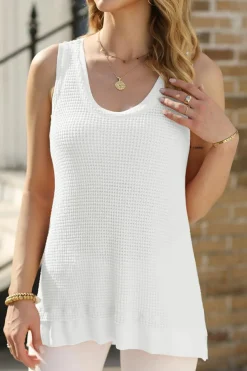 Sale Dear-Lover Scoop Neck Waffle Knit Flowy Vest White