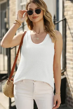 Sale Dear-Lover Scoop Neck Waffle Knit Flowy Vest White