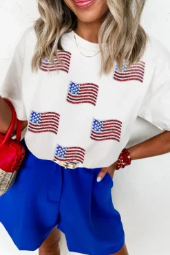 Sale Dear-Lover Sequin American Flag Patched Casual T Shirt White