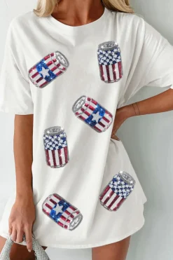 Outlet Dear-Lover Sequin American Flag Can Oversized Graphic Tee White