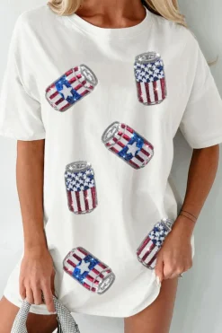 Outlet Dear-Lover Sequin American Flag Can Oversized Graphic Tee White