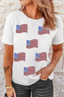 Sale Dear-Lover Sequin American Flag Patched Casual T Shirt White