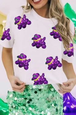 New Dear-Lover Sequin Balloon Puppy Graphic Mardi Gras Tee White