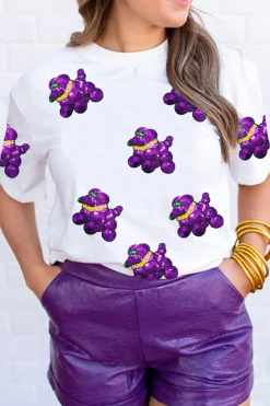 New Dear-Lover Sequin Balloon Puppy Graphic Mardi Gras Tee White