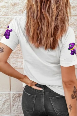 New Dear-Lover Sequin Balloon Puppy Graphic Mardi Gras Tee White