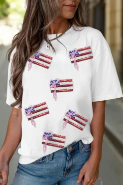 Discount Dear-Lover Sequin Bow American Flag Patched T Shirt White