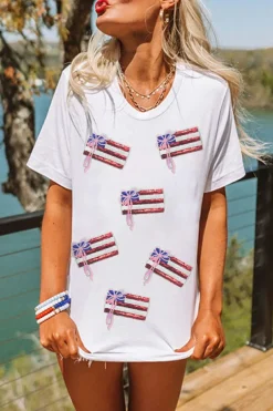 Discount Dear-Lover Sequin Bow American Flag Patched T Shirt White