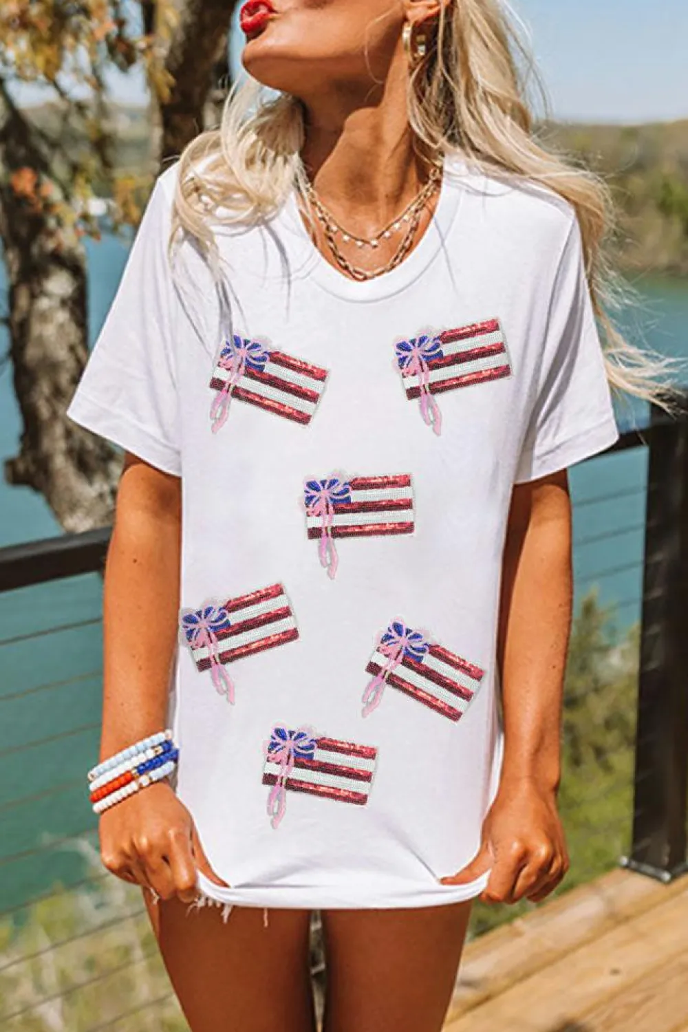 Discount Dear-Lover Sequin Bow American Flag Patched T Shirt White