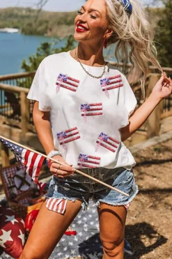 Discount Dear-Lover Sequin Bow American Flag Patched T Shirt White
