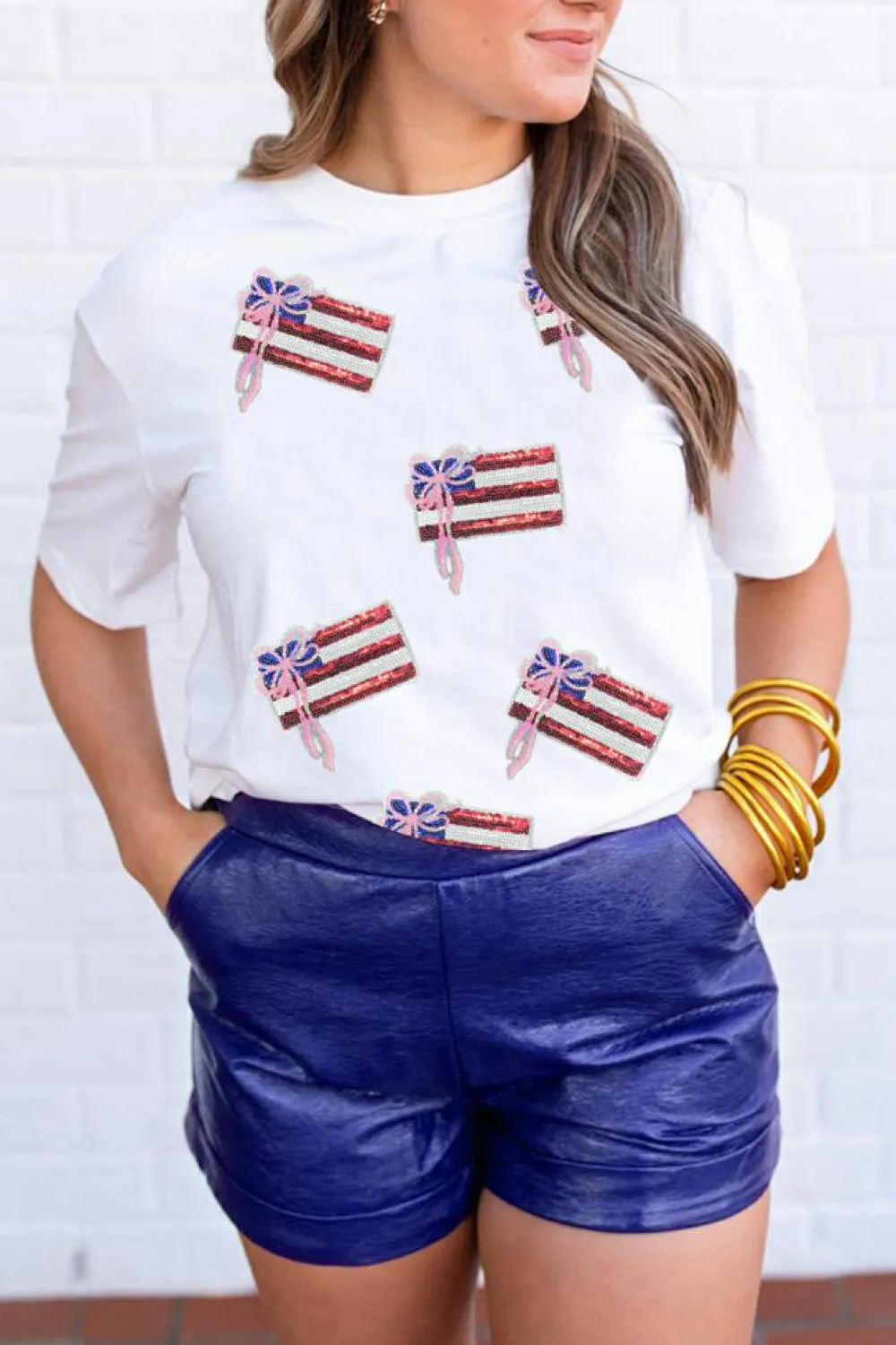 Discount Dear-Lover Sequin Bow American Flag Patched T Shirt White