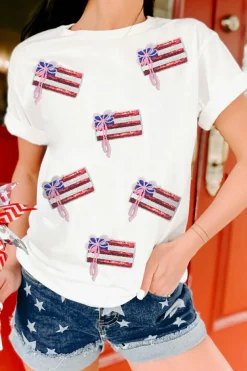 Discount Dear-Lover Sequin Bow American Flag Patched T Shirt White
