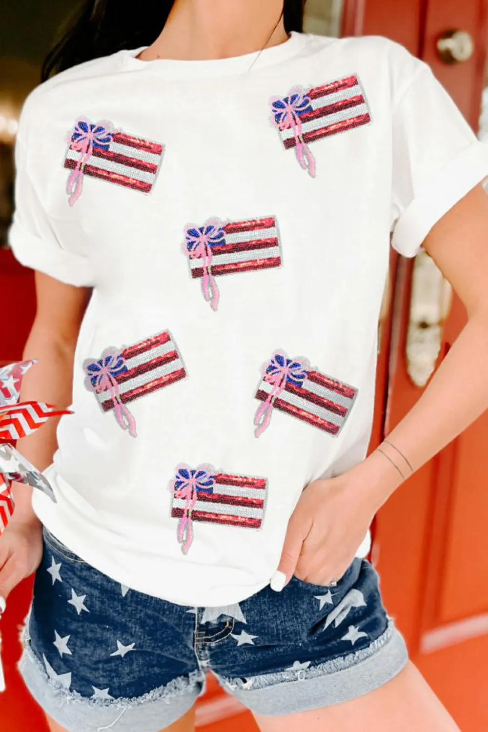 Discount Dear-Lover Sequin Bow American Flag Patched T Shirt White