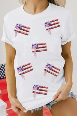 Discount Dear-Lover Sequin Bow American Flag Patched T Shirt White