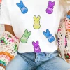 New Dear-Lover Sequin Bow Bunny Doll Patched Easter Graphic Tee White